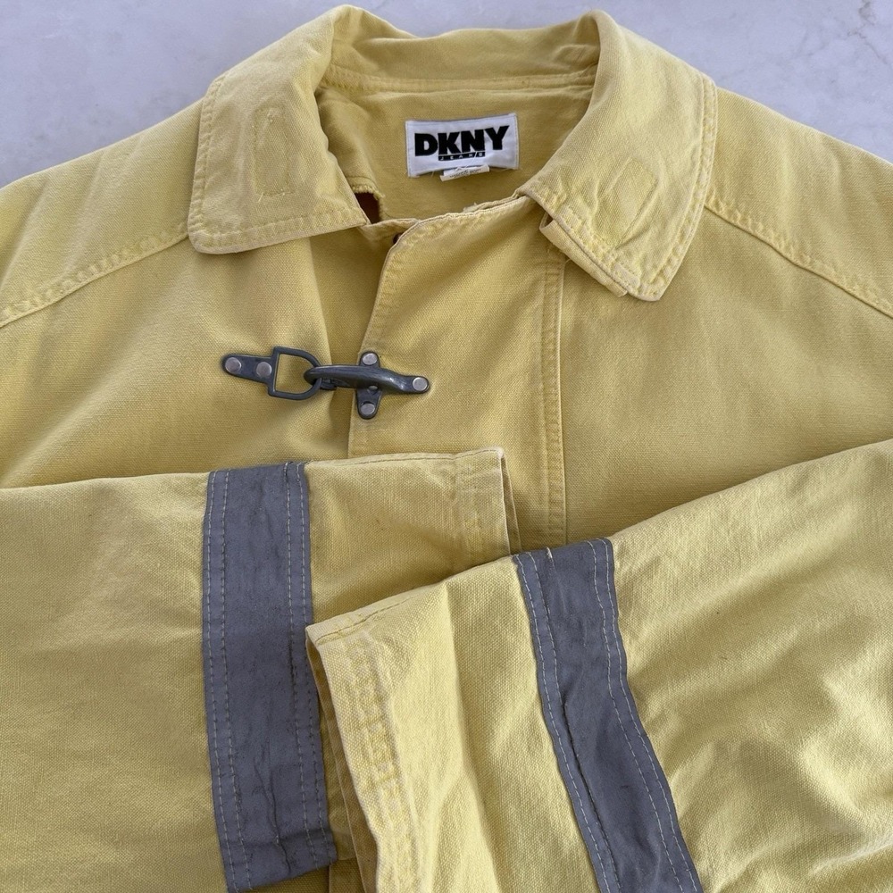 Vintage DKNY Fireman Firefighter Jacket Yellow Coat Oversize Reflective Toggle
